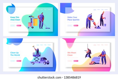 Cleaning Service Website Landing Page Templates Set. Service of Professional Cleaners at Work Mopping, Vacuuming and Sweeping Floor in Office or Home Web Page. Cartoon Flat Vector Illustration, Banner