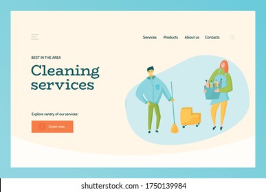 Cleaning service website landing template with characters in uniform. UI concept with illustration. Vector image for housekeeping company.