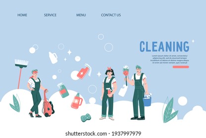 Cleaning service website template with cartoon cleaners, cartoon flat vector illustration on blue background. Web banner or landing page  for cleaning company advertisement.