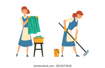 Cleaning Service with Woman in Apron Working Mopping Floor and Doing Laundry Vector Set