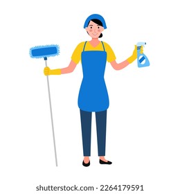 Cleaning service woman in flat design on white background. Janitor concept.