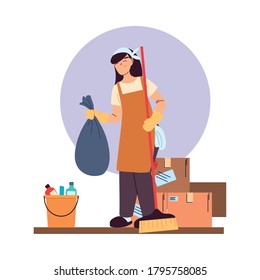cleaning service woman with gloves, cleaning utensils and boxes vector illustration design