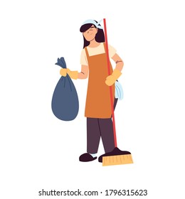 cleaning service woman with gloves and cleaning utensils vector illustration design