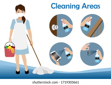 Cleaning service woman holding bucket with infographics of cleaning point areas for 75% alcohol spraying. Idea for hygiene cleaning, COVID-19 corona virus outbreak, awareness and prevention. Vector.