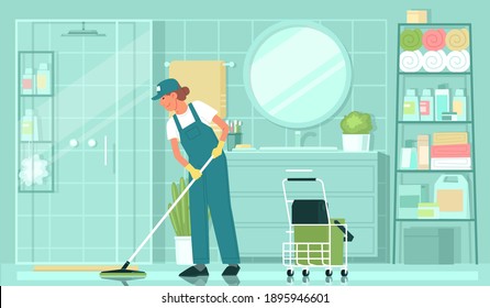 Cleaning service. A woman cleaning lady in uniform washes the floor with a mop in the bathroom. Vector illustration in flat style