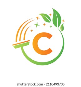 Cleaning Service, Woman Maid Logo On Letter C. Clean House Sign, Fresh Clean Logo Template With C Letter Vector
