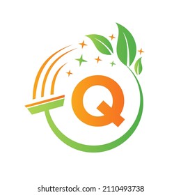 Cleaning Service, Woman Maid Logo On Letter Q. Clean House Sign, Fresh Clean Logo Template With Q Letter Vector
