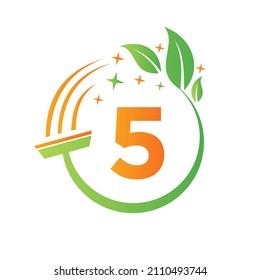 Cleaning Service, Woman Maid Logo On Letter 5. Clean House Sign, Fresh Clean Logo Template With 5 Letter Vector