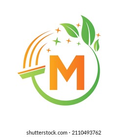 Cleaning Service, Woman Maid Logo On Letter M. Clean House Sign, Fresh Clean Logo Template With M Letter Vector