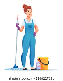 Cleaning service woman with mop and bucket. Female janitor cartoon character