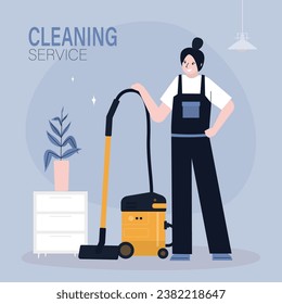 Cleaning service woman with vacuum cleaner. Female janitor cartoon character. Young cheerful worker in uniform vacuuming. Girl hoover up floor with vacuum cleaner. Housekeeping staff. flat vector