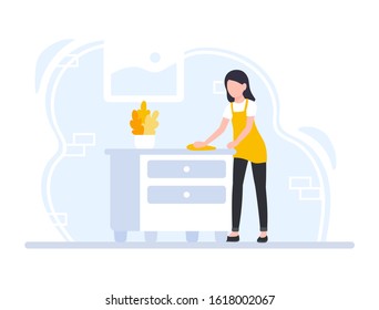 Cleaning service woman wipes dust with a rag. Female character in uniform. Dusting. Housewife doing household chores. Daily routine. Concept vector illustration in cartoon flat style.