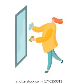 Cleaning service woman worker cleaning mirror from dust with spray and cloth. Red haired lady in yellow sweater and blue pants.