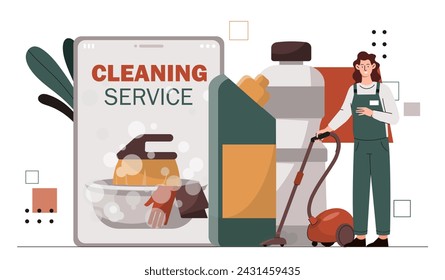Cleaning service worker concept. Young girl in uniform with vacuum cleaner. Hygiene and cleanliness. Household chores and routine. Cartoon flat vector illustration isolated on white background