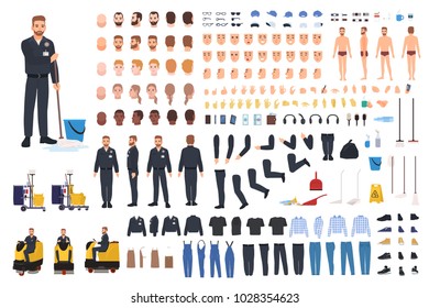 Cleaning service worker creation set or constructor. Bundle of janitor body parts, gestures, uniform and clothing, equipment, floor polisher isolated on white background. Vector illustration.