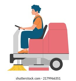 El trabajador del servicio de limpieza deja aislado el vector de la lavadora del suelo. Ilustración de un personaje masculino uniformado haciendo limpieza profesional en interiores.