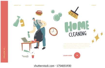 Cleaning Service Worker Duties Landing Page Template. Man Janitor in Uniform Collect Garbage to Sack Cleaning Home with Tools and Equipment. Male Character Household Chores. Linear Vector Illustration