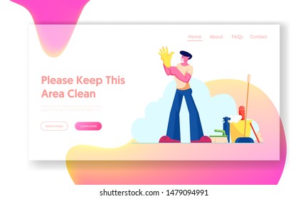Cleaning Service Worker Duties Website Landing Page. Man Put Yellow Rubber Glove on Hand near Cleaning Tools and Equipment. Home Household Chores Web Page Banner. Cartoon Flat Vector Illustration