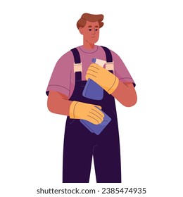 Cleaning service worker hold detergent spray, towel. Cleaner in jumpsuit, rubber gloves. Man wash home. Housework employe do cleanup. Housekeeping business. Flat isolated vector illustration on white