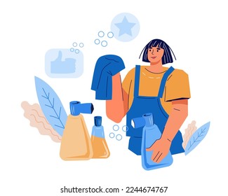 Trabajador del servicio de limpieza del conserje, ilustración vectorial de caricatura plana aislada en fondo blanco. Alegre amigable mujer sonriente con uniforme con herramientas y detergentes para limpieza de casa.