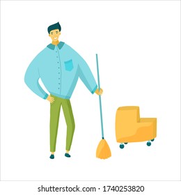 Cleaning service worker with mop and custodian cart happy to do his job. Vector illustration of a man with janitorial tools.