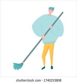 Cleaning service worker mopping the floor in blue sweater and yellow pants, smiling, ready to do his job. Vector hand drawn illustration.