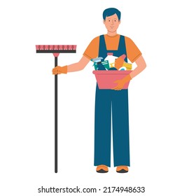 Cleaning service worker standing and holding different cleaning tools vector isolated. Bucket, detergent, gloves and broom. Domestic equipment, collection of cleaning products.