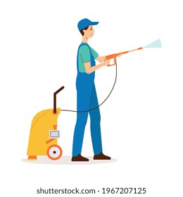 Cleaning service worker in uniform doing sanitary disinfection or wet clean with professional washing machine, flat vector illustration isolated on white background.