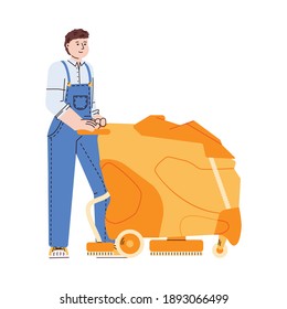 Trabajador del servicio de limpieza con lavado general uniforme de suelo con lavadora profesional de piso, ilustración vectorial de caricatura plana aislada en fondo blanco.