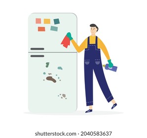 Cleaning service worker in uniform overall washing very dirty refrigerator, flat vector illustration isolated on white background. House cleaning and housekeeping.