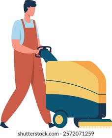 Cleaning service worker using scrubber drier machine pushing cleaning cart with brush and bucket cleaning floor in office building cleaning company concept