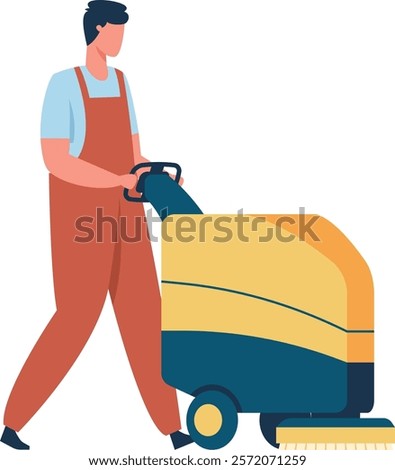 Cleaning service worker using scrubber drier machine pushing cleaning cart with brush and bucket cleaning floor in office building cleaning company concept