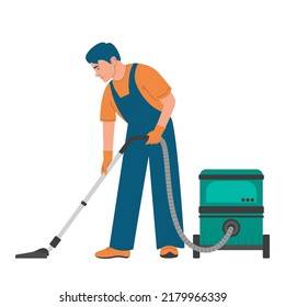 Cleaning service worker with vacuum cleaner vector isolated. Illustration of a character in a uniform doing his work. Cleaning equipment. Concept of housekeeping, hygiene at home.