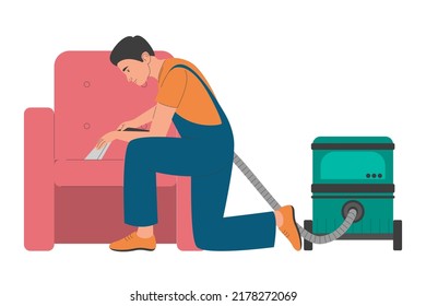 Cleaning service worker washing arm chair vector isolated. Male character in uniform vacuum cleaning furniture.