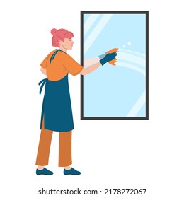 Trabajador del servicio de limpieza lavando el vector espejo aislado. Ilustración de un personaje femenino en un espejo de limpieza uniforme con detergente de pulverización y trapo.