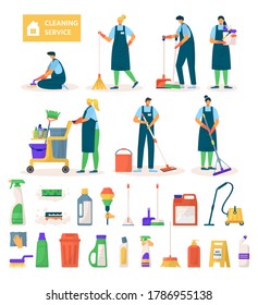 Cleaning service workers characters, equipment and tools set of flat isolated vector illustration. Professional cleaners at work, mopping, vacuuming floor, buckets, sponge and clean detergents.