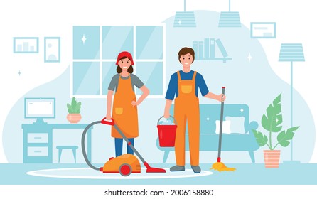 Cleaning service workers characters in house. Man with mop and bucket of water and Woman with vacuum cleaner working in room. Vector illustration on white background.