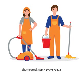 Cleaning service workers characters. Man with mop and  bucket of water and Woman with vacuum cleaner. Vector illustration on white background.