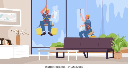 Cleaning service workers clean office panoramic window from outside vector illustration. Cartoon modern interior inside and industrial climbers characters washing glass with squeegee and sponge