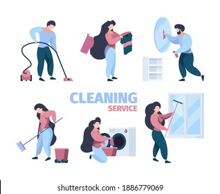 Cleaning service. Workers doing professional cleaning with equipment vacuum washing cleaner garish vector characters