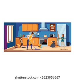 Trabajadores del servicio de limpieza fregando el piso y limpiando el mostrador de la cocina en el apartamento moderno