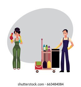 Cleaning service workers in overalls, girl washing windows, man, boy with trolley, cartoon vector illustration with space for text. Cleaning service workers, cleaning trolley, washing windows