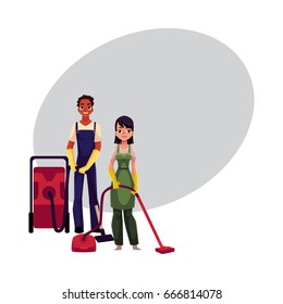 Cleaning service workers in overalls, man and woman, boy and girl, using vacuum cleaners, cartoon vector illustration with space for text. Cleaning service workers vacuum cleaning the floor