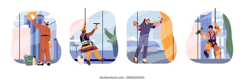 Cleaning service workers wash, clean windows inside and outside set. Industrial alpinist, suspended cleaner work on height. Housekeeping employee. Flat isolated vector illustration on white background