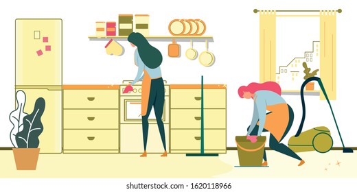 Cleaning Service Workers Washing Kitchen Room Flat Cartoon Vector Illustration. Girls with Equipment for Household Chores such as Vacuum Cleaner, Mop and Bucket with Wet Rag. Woman Wiping Oven.