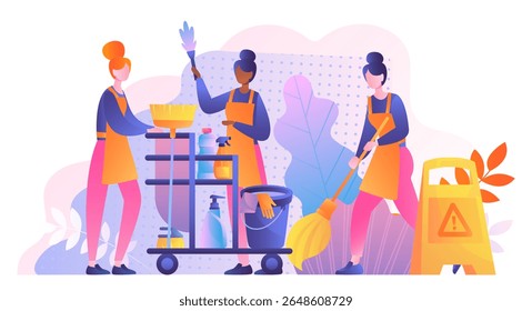 Cleaning service workers. Women in uniform with cleaning products, bucket and mops, sponge and brush. Cleanliness and hygiene. Routine and household chores. Flat vector illustration