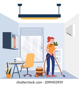 Cleaning service is cleaning the workspace after other workers come home from work. Vector colorful illustration. Vector.