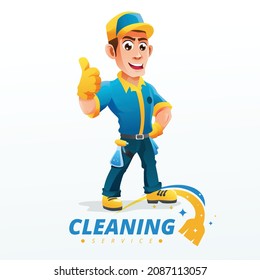 Cleaning Service With Yellow Blue Uniform Mascot Illustration