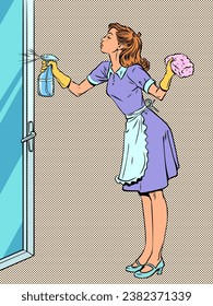 Cleaning service for cleaning your home. Responsible housewife is cleaning the house. A girl in uniform washes a glass door.