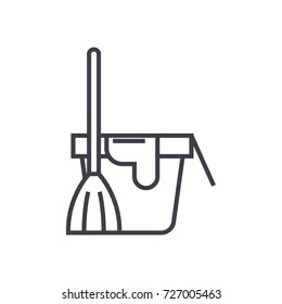 cleaning service,bucket with a broom vector line icon, sign, illustration on background, editable strokes